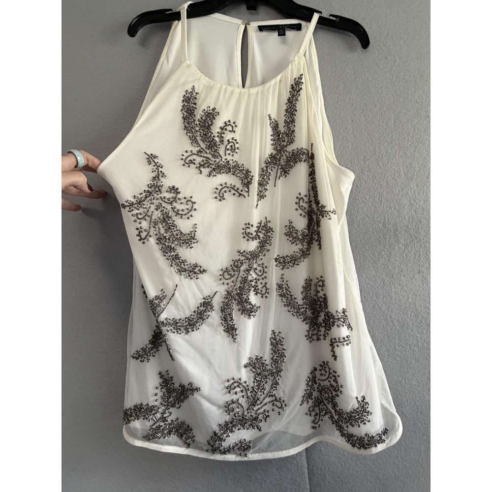 White House Black Market Tank Top Womens L White Beaded Mesh Halter Camisole